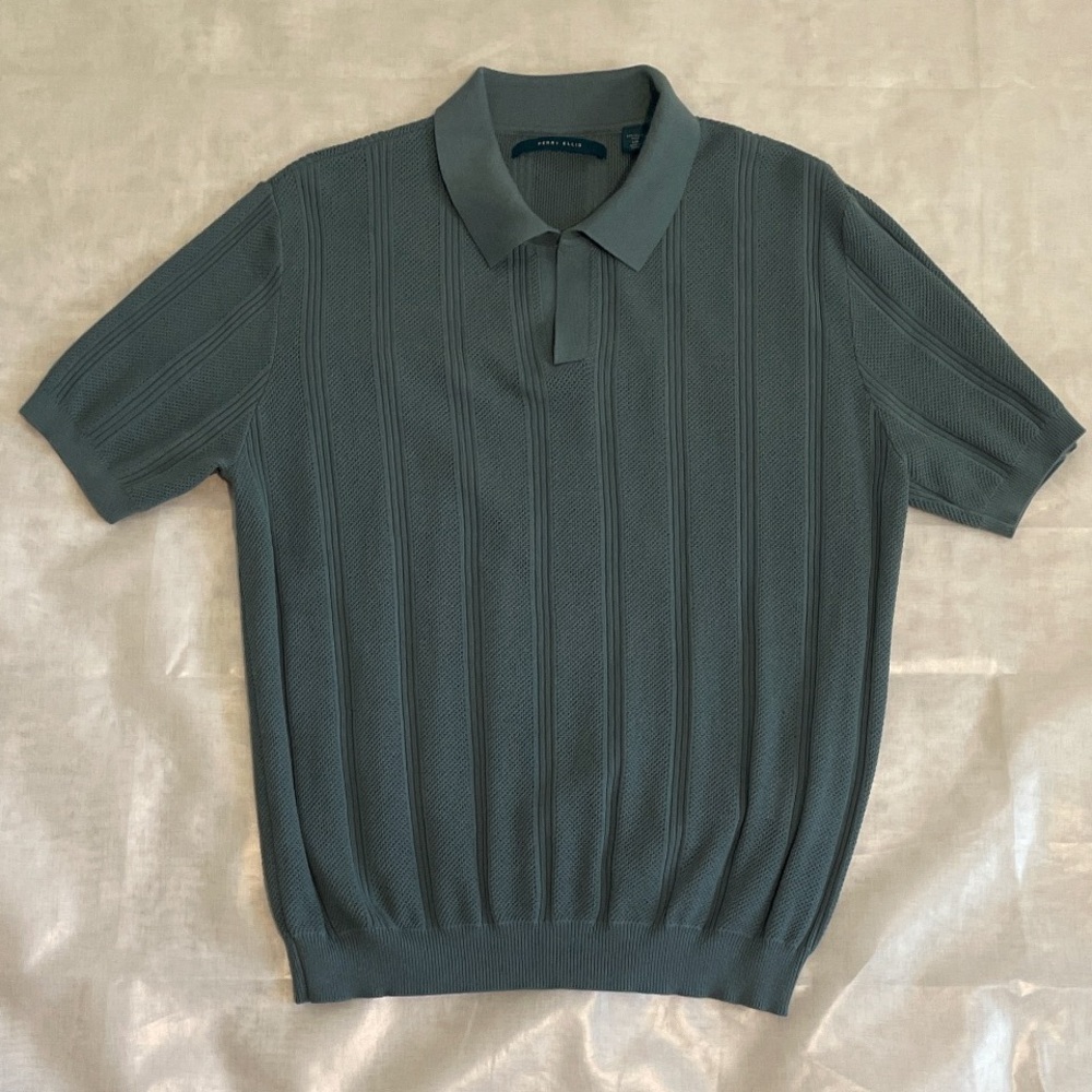 Perry Ellis Men's Green Mesh Stripe Short Sleeve Sweater Polo Large